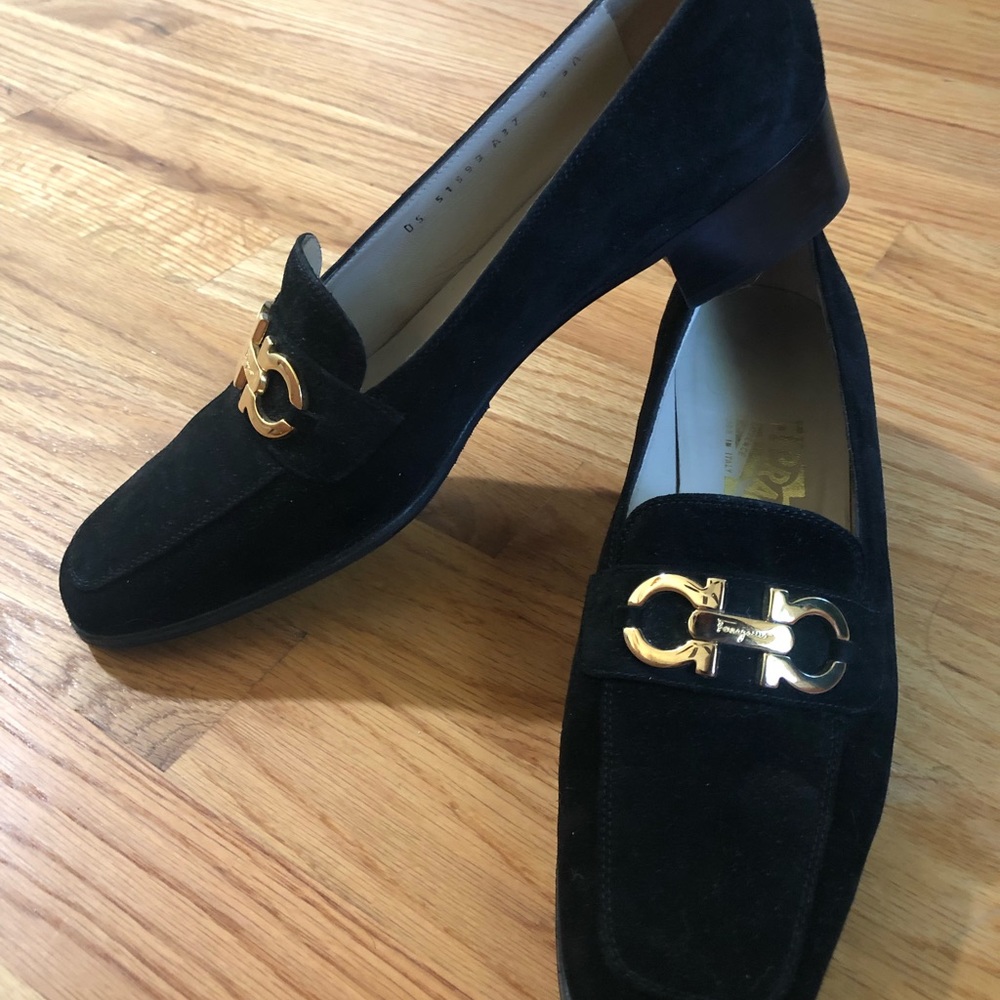Salvatore Ferragamo black suede loafers with 1-inch heel, sz 8